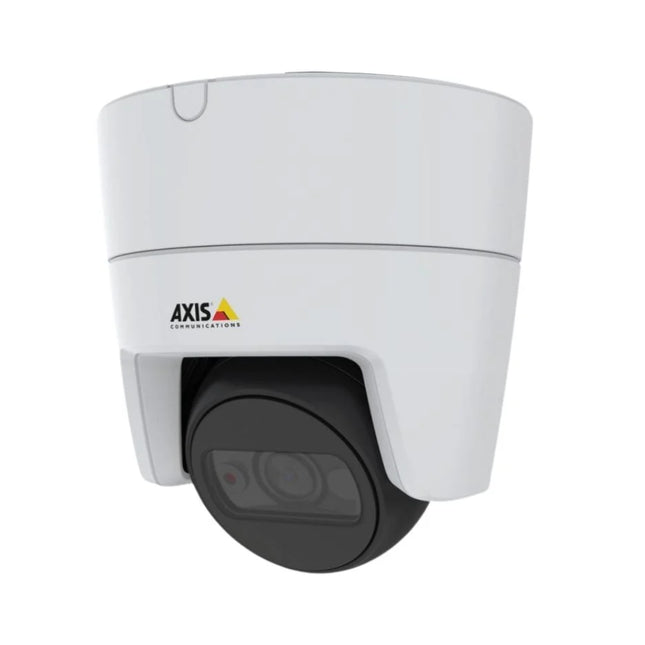 Close-up view of the AXIS M3115-LVE camera face highlighting the flat anti-reflective optical cover, 2.8mm fixed lens, and integrated IR LEDs