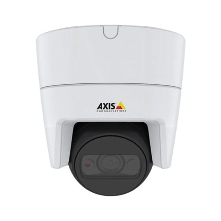 Front view of the white AXIS M3115-LVE 1080p outdoor compact mini dome camera featuring an IK08 flat-faced impact-resistant casing