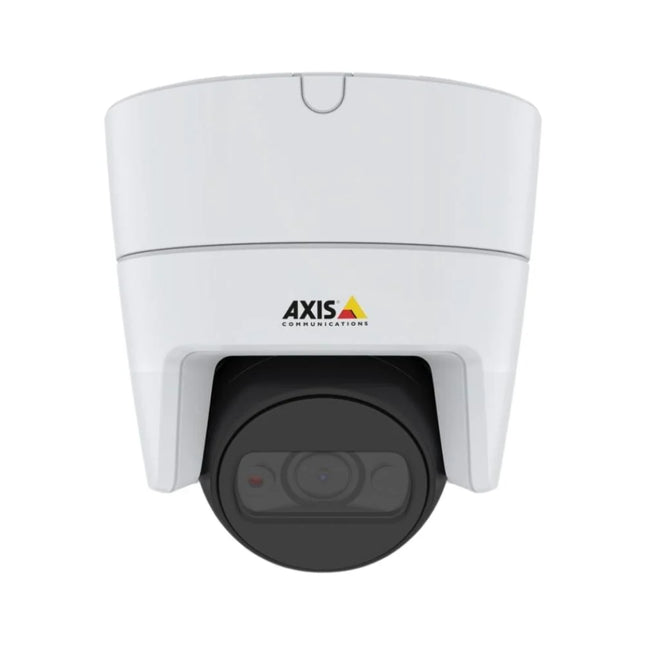 Front view of the white AXIS M3115-LVE 1080p outdoor compact mini dome camera featuring an IK08 flat-faced impact-resistant casing