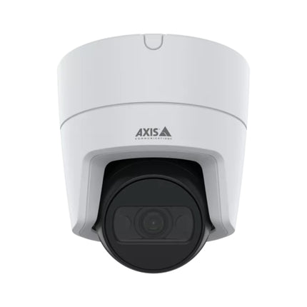 Axis M3125-LVE dome turret camera ceiling-mounted outdoors under a dark roof soffit for discreet surveillance.