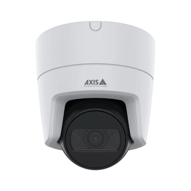 Axis M3125-LVE dome turret camera ceiling-mounted outdoors under a dark roof soffit for discreet surveillance.