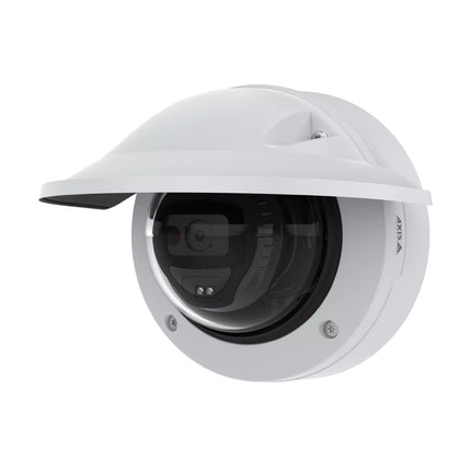 Front view of the AXIS M3215-LVE vandal-resistant outdoor dome network camera with its integrated weather shield.