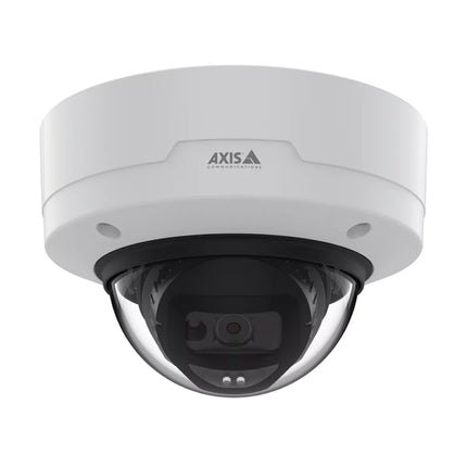 AXIS M3215-LVE ceiling-mounted dome camera overlooking a retail storefront entry, utilizing built-in deep learning and edge analytics for smart object classification and security monitoring.