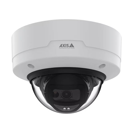 Front perspective view of the AXIS M3216-LVE 4MP outdoor dome camera with weather-proof IK10 casing and clear dome cover