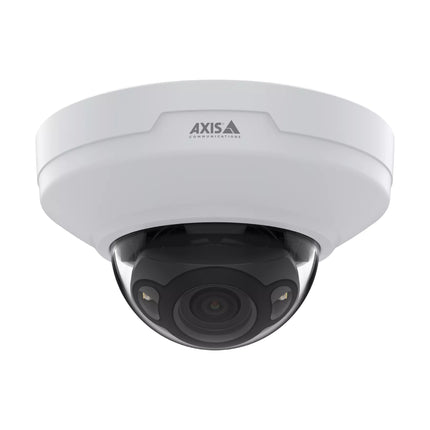 Front view of the compact white AXIS M4215-LV indoor dome camera featuring a clear optical casing and varifocal lens