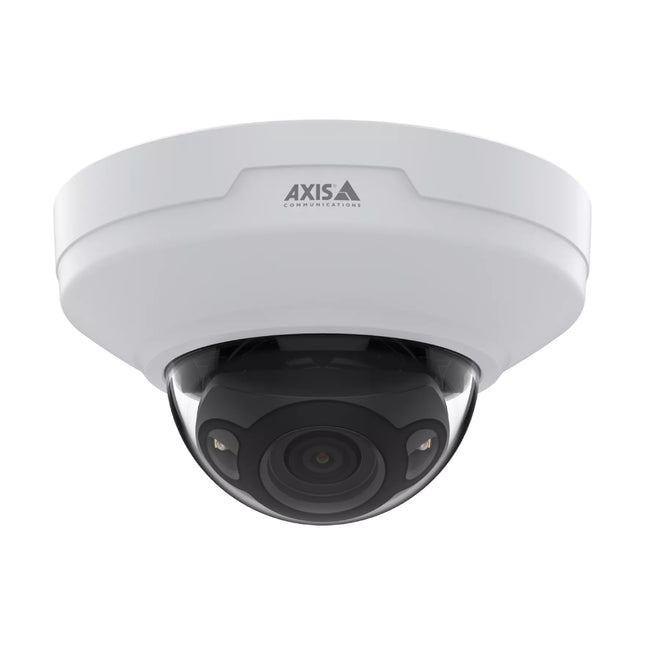 Front view of the compact white AXIS M4215-LV indoor dome camera featuring a clear optical casing and varifocal lens