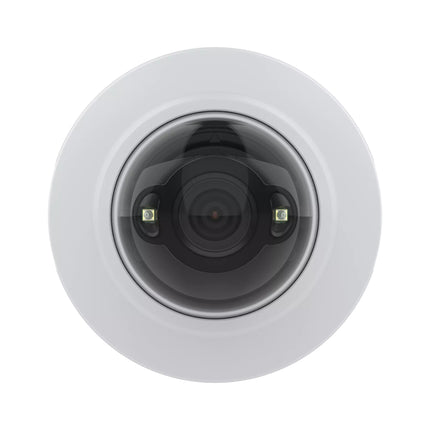 Rear base connection view of AXIS M4215-LV dome camera showing Ethernet PoE port, HDMI output, and microSD card slot