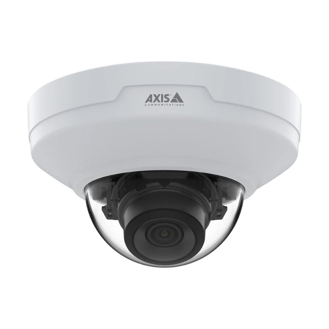 Front view of the white AXIS M4215-V 2MP indoor dome camera showing its clear optical dome casing and varifocal lens