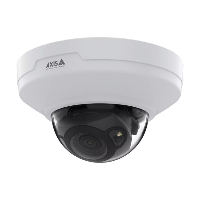 Front view of the AXIS M4218-LV 4K indoor dome camera showing the white compact casing and clear varifocal lens assembly