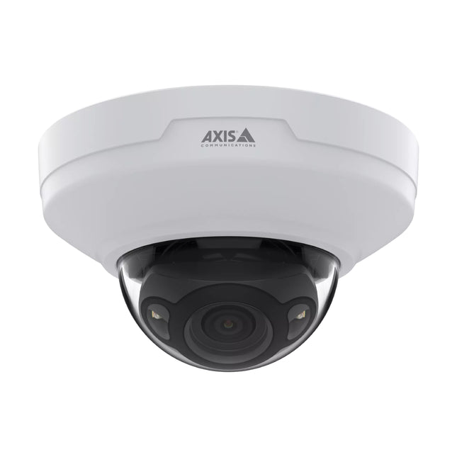 Close-up view of the AXIS M4218-LV dome lens highlighting built-in OptimizedIR LEDs for 20-meter night vision surveillance
