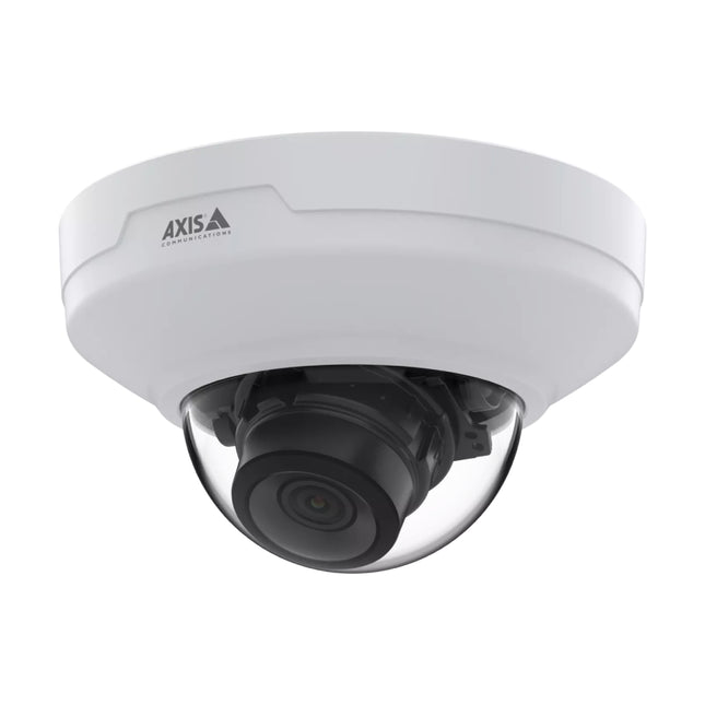 AXIS M4218-V 8MP mini dome security camera installed flush against a commercial indoor ceiling.