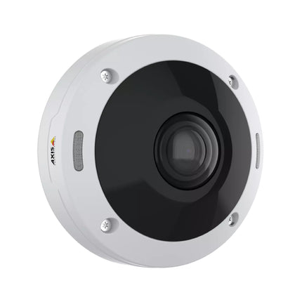 Close-up shot of the AXIS M4308-PLE lens dome showing the embedded 360-degree OptimizedIR high-power night vision emitters.