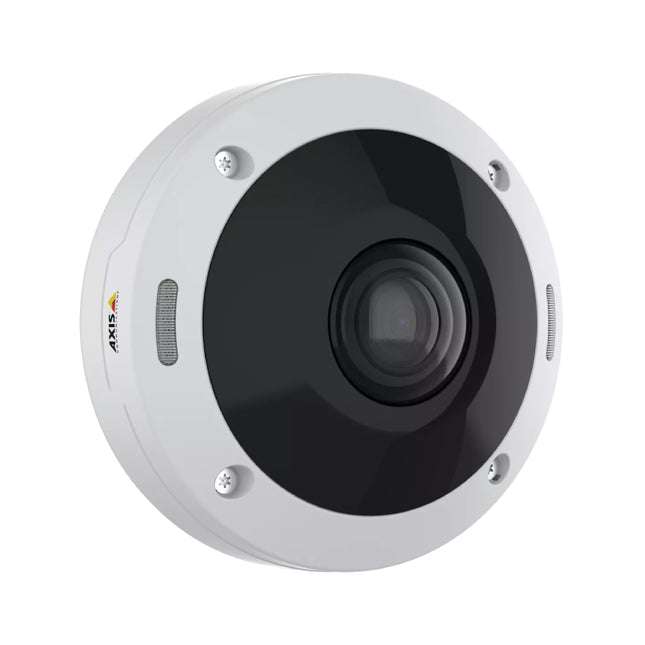 Close-up shot of the AXIS M4308-PLE lens dome showing the embedded 360-degree OptimizedIR high-power night vision emitters.