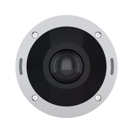 The AXIS M4308-PLE panoramic camera installed on an exterior ceiling, highlighting its IK10 physical impact rating design.