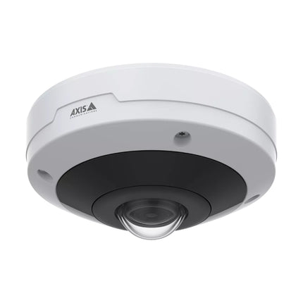 AXIS M4317-PLVE 6MP outdoor-ready panoramic fisheye dome camera featuring a vandal-resistant white alloy housing and dark lower lens element.