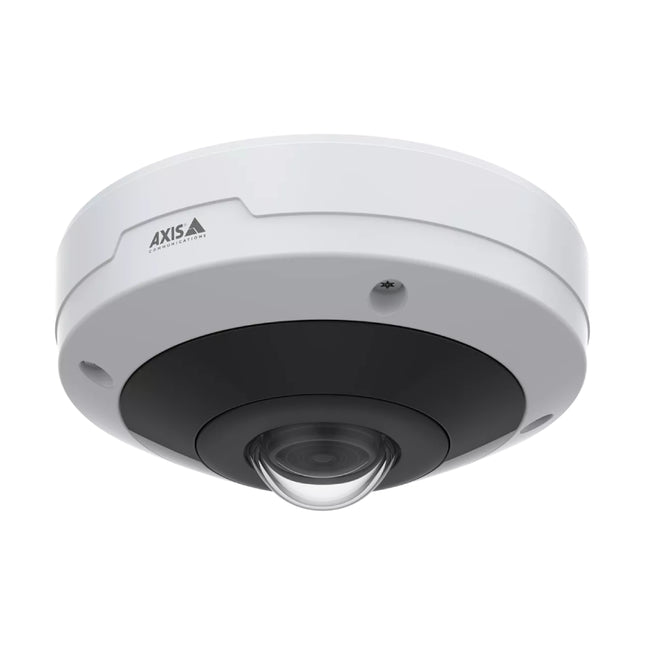 AXIS M4317-PLVE 6MP outdoor-ready panoramic fisheye dome camera featuring a vandal-resistant white alloy housing and dark lower lens element.