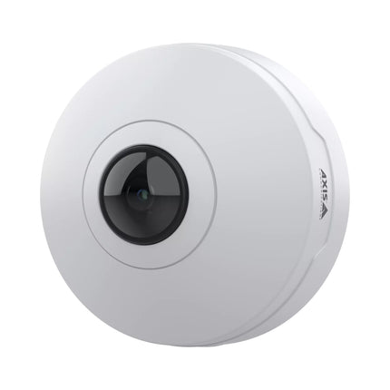 AXIS M4327-P 6MP indoor panoramic camera showing its sleek, compact, low-profile white dome design and central fisheye lens.