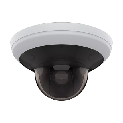 Angled perspective view of the white AXIS M5000 15MP indoor panoramic dome camera featuring four fixed sensors and a central PTZ module