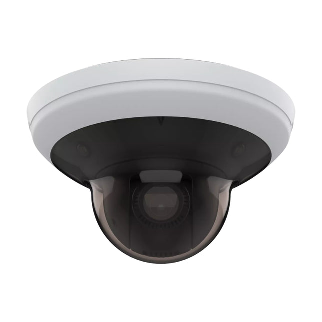 Angled perspective view of the white AXIS M5000 15MP indoor panoramic dome camera featuring four fixed sensors and a central PTZ module