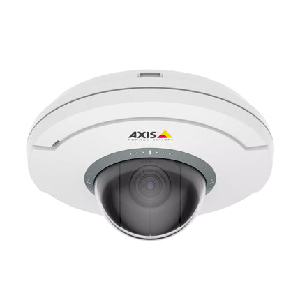 Angled view of the compact white AXIS M5074 mini PTZ dome camera showing its clear lower optical dome and indoor ceiling casing