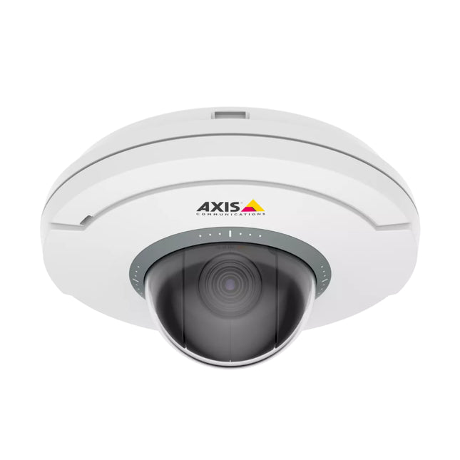 Angled view of the compact white AXIS M5074 mini PTZ dome camera showing its clear lower optical dome and indoor ceiling casing