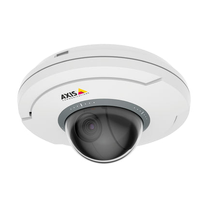 Front view of the compact, palm-sized AXIS M5075 PTZ camera showing its indoor dome enclosure and lens assembly.