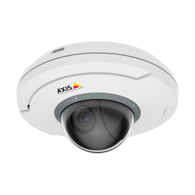 Front view of the compact, palm-sized AXIS M5075 PTZ camera showing its indoor dome enclosure and lens assembly.
