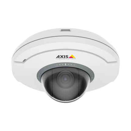 White AXIS M5075 mini PTZ camera flush-mounted to an office ceiling for discreet indoor surveillance.
