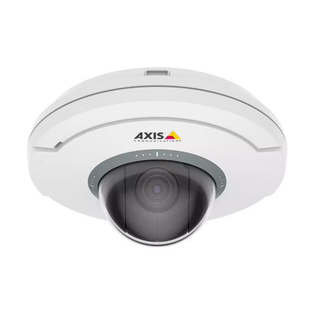 White AXIS M5075 mini PTZ camera flush-mounted to an office ceiling for discreet indoor surveillance.