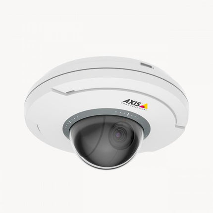 Visual demonstration of the AXIS M5075 palm-sized PTZ mounted in a retail environment, highlighting its discreet 360° pan and 5x zoom capabilities.