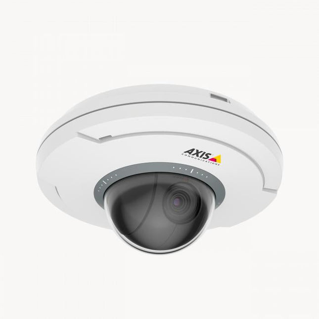 Visual demonstration of the AXIS M5075 palm-sized PTZ mounted in a retail environment, highlighting its discreet 360° pan and 5x zoom capabilities.