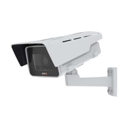 Front angle view of the white AXIS P1375-E outdoor box camera featuring its protective IP66 IP67 weather shield and wall bracket