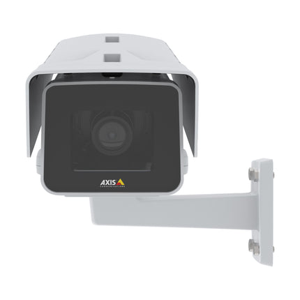 Rear interface panel of the AXIS P1375-E outdoor camera showing weather-sealed cable grommets, RJ45 PoE port, audio I/O, and microSD slot