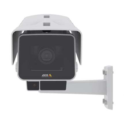 Front view of the AXIS P1378-LE box camera window displaying the i-CS varifocal lens and built-in OptimizedIR LEDs for long-range night vision