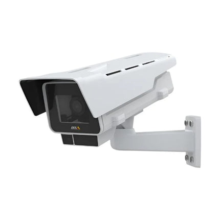 Angled side profile view of the AXIS P1378-LE 4K outdoor box camera equipped with an integrated weather shield and heavy-duty wall bracket