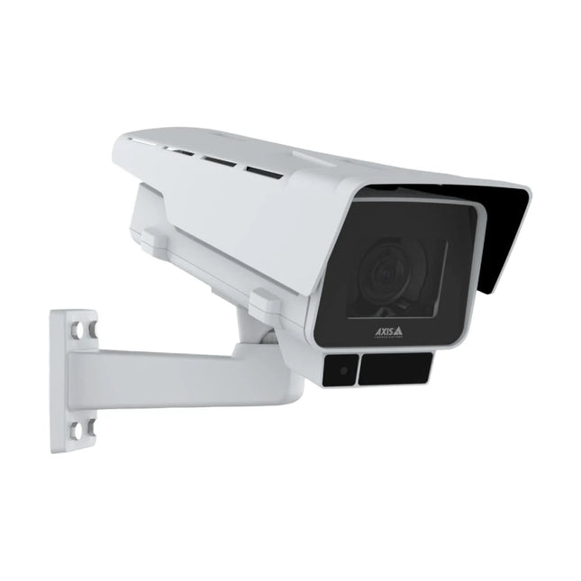 Side view of AXIS P1387-LE 5MP box security camera highlighting the integrated sunshield and robust IP66 IP67 casing.