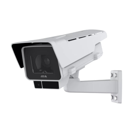 Profile view of AXIS P1388-LE outdoor-ready fixed box camera inside its heavy-duty weather housing.