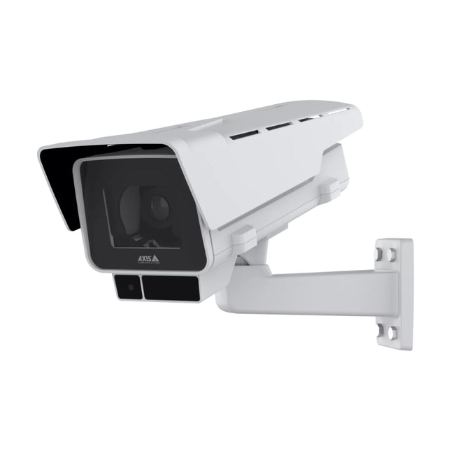 Profile view of AXIS P1388-LE outdoor-ready fixed box camera inside its heavy-duty weather housing.