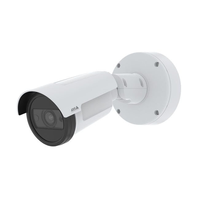 Front-angled view of the white AXIS P1465-LE 2MP outdoor AI bullet camera featuring its sunshield and dark lens cover.