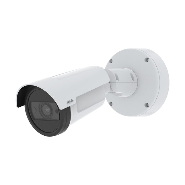 Angled side profile view of the white AXIS P1465-LE 2MP outdoor bullet camera showing its weather shield, lens hood, and wall mounting base