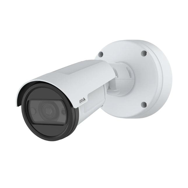 AXIS P1465-LE-3 2MP outdoor network bullet camera with protective sunshield in white.