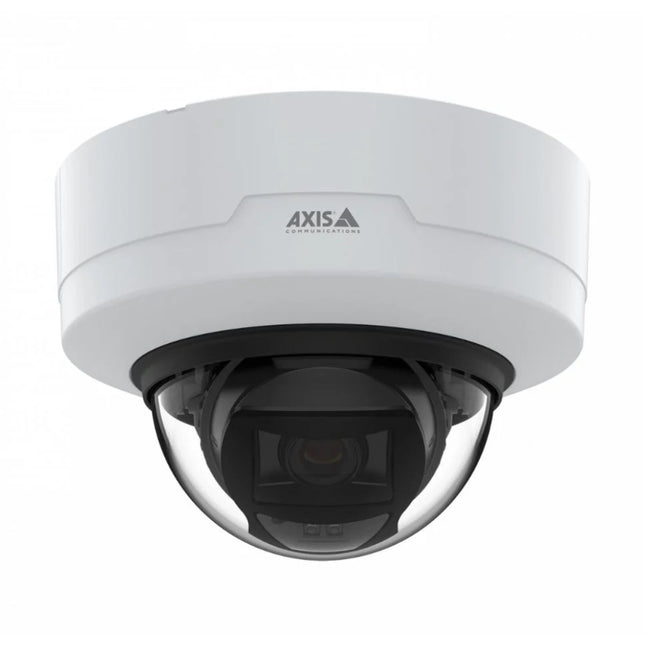 Front angle view of the white AXIS P3265-LV 2MP indoor fixed dome camera featuring an IK10-rated polycarbonate casing and clear hard-coated dome