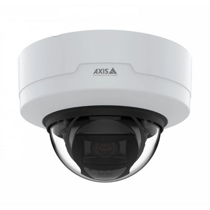 Front angle view of the white AXIS P3265-LV 2MP indoor fixed dome camera featuring an IK10-rated polycarbonate casing and clear hard-coated dome