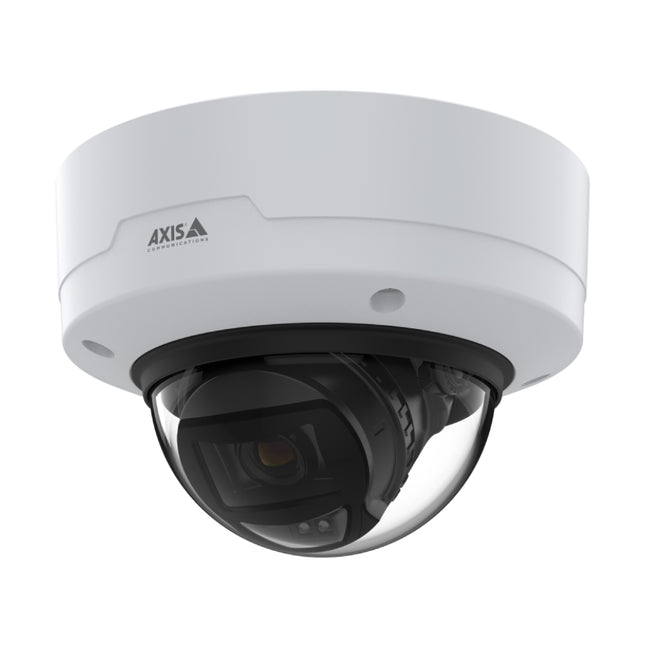 Close-up view of the AXIS P3265-LVE 9mm internal varifocal lens showing integrated OptimizedIR LEDs for long-range night vision up to 40m