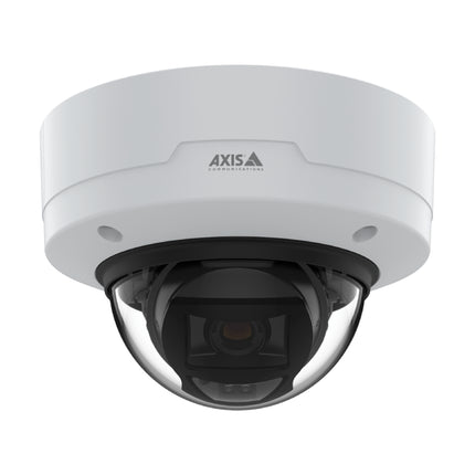 Front angle view of the AXIS P3265-LVE 2MP outdoor fixed dome camera featuring its IK10 weather-proof casing, clear dome cover, and weather shield