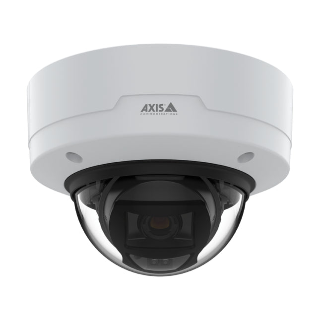 Front angle view of the AXIS P3265-LVE 2MP outdoor fixed dome camera featuring its IK10 weather-proof casing, clear dome cover, and weather shield
