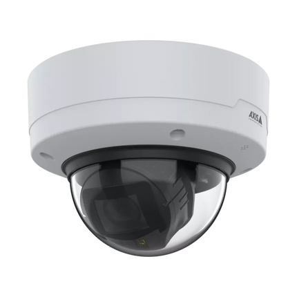 Side view of AXIS P3267-LV showing the varifocal lens and IR illuminators, highlighting Lightfinder 2.0 and Forensic WDR capabilities.