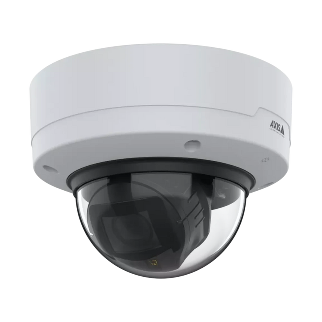 Side view of AXIS P3267-LV showing the varifocal lens and IR illuminators, highlighting Lightfinder 2.0 and Forensic WDR capabilities.