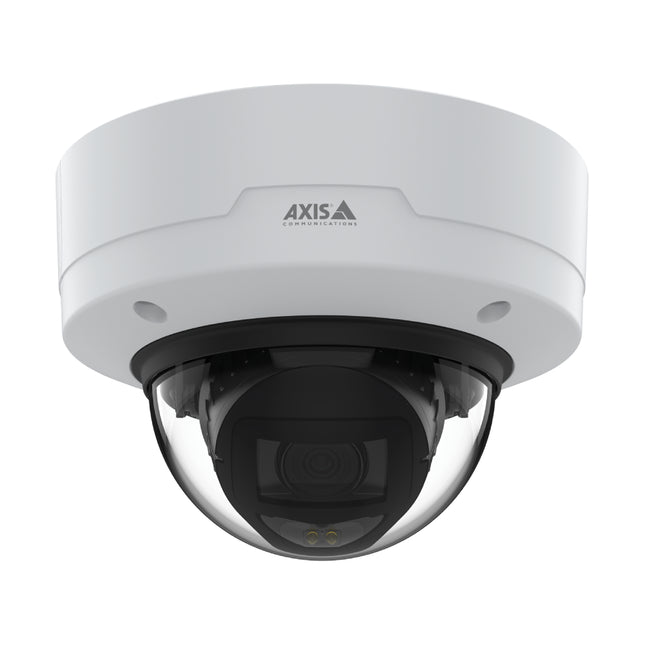Front angle view of the AXIS P3267-LVE 5MP outdoor fixed dome camera showing its IK10 vandal-proof white casing, weather shield, and clear dome bubble