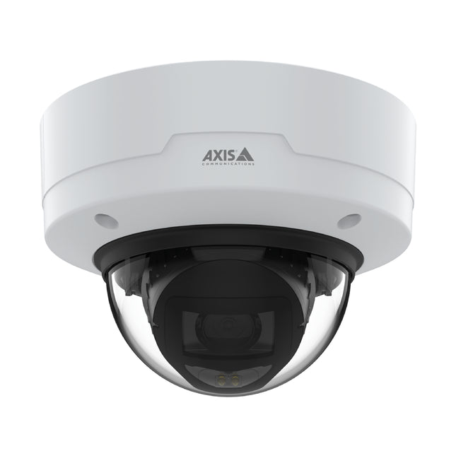 Front angle view of the AXIS P3268-LV 4K indoor fixed dome camera showing its IK10 vandal-resistant white casing and clear dome bubble
